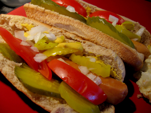 Vegan potato salad and chicago style hot dogs